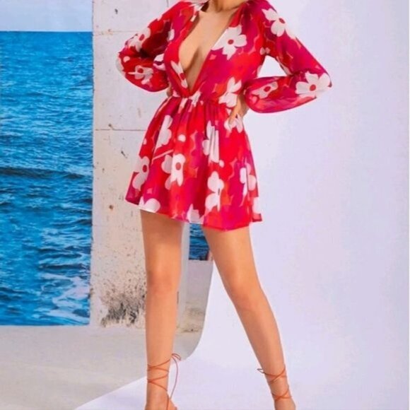 FLORAL DEEP PLUNGING DRESS - Picture 5 of 8